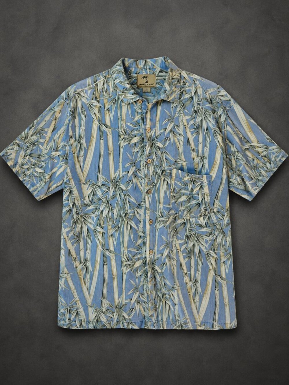 Jamaica Jaxx Lt Blue Silk Hawaiian Bamboo Print Short Sleeve Button Up Shirt - L